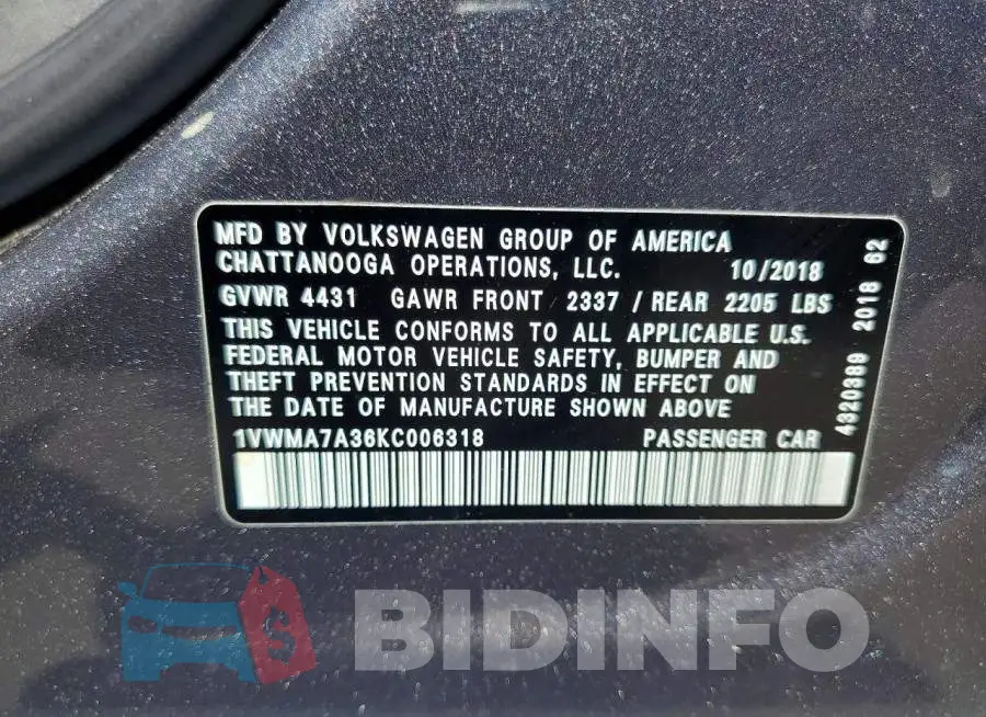 1VWMA7A36KC006318 Photo# 12