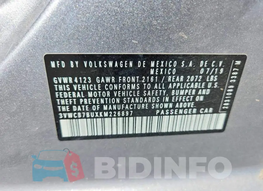 3VWCB7BUXKM226897 Photo# 13