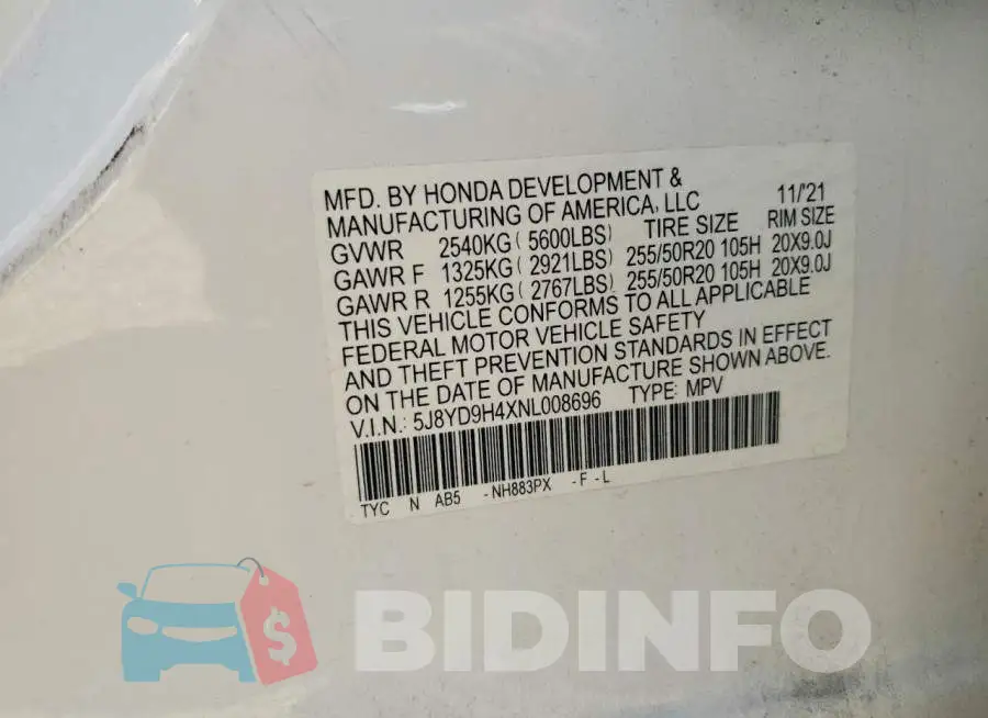 5J8YD9H4XNL008696 Photo# 13