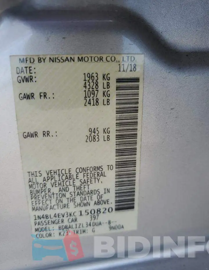 1N4BL4EV3KC150820 Photo# 12