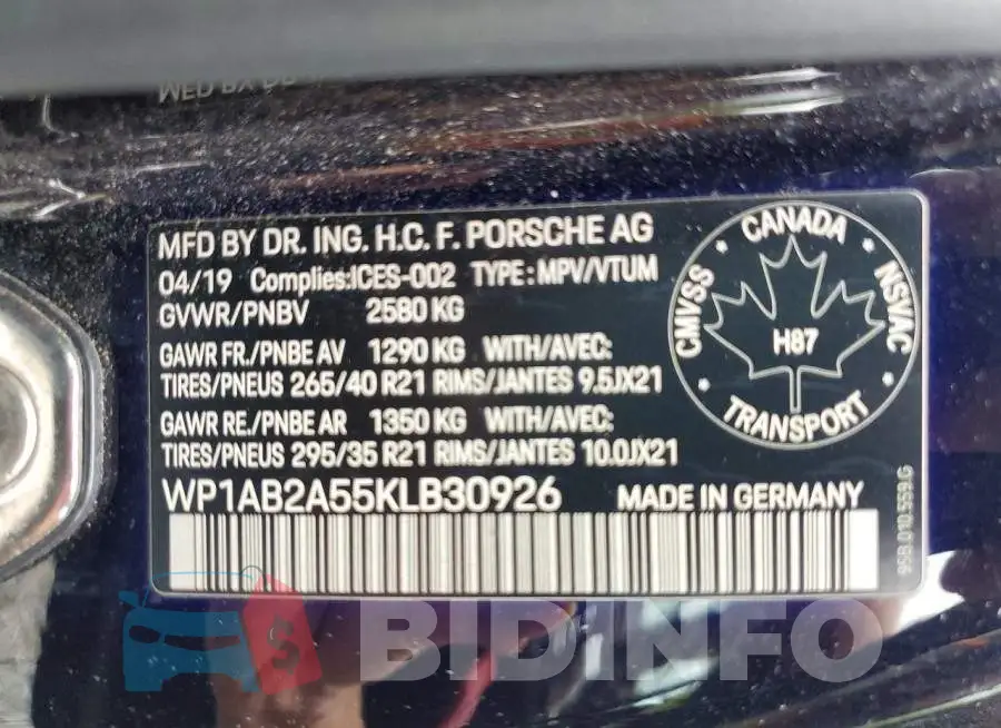 WP1AB2A55KLB30926 Photo# 13