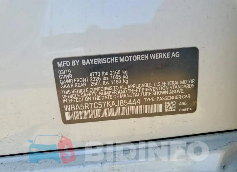 WBA5R7C57KAJ85444 Photo# 12