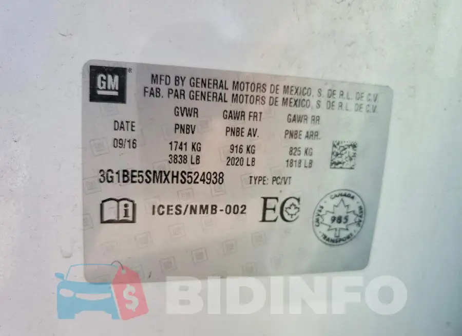 3G1BE5SMXHS524938 Photo# 12