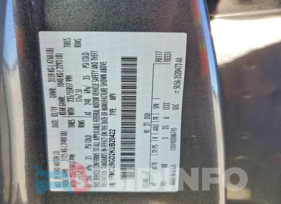 1FMCU9GD2KUB20422 Photo# 13