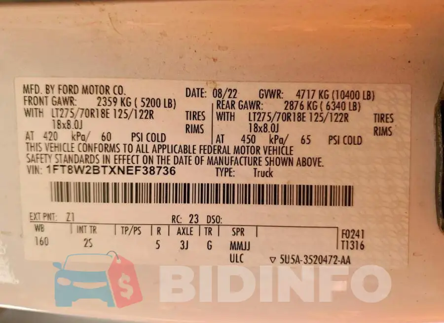1FT8W2BTXNEF38736 Photo# 13