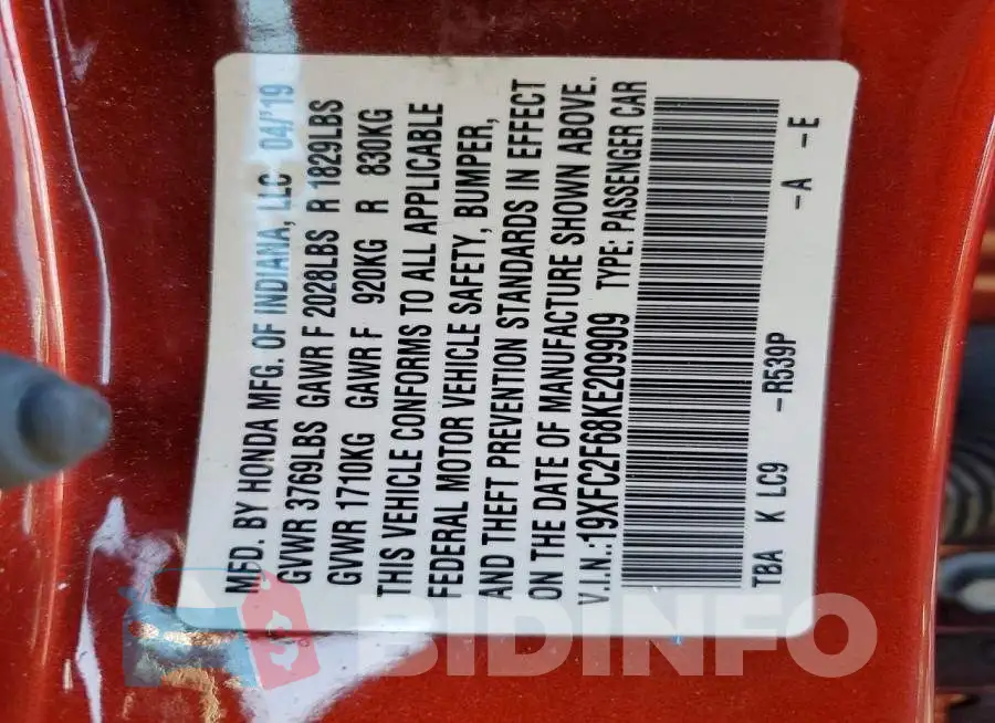 19XFC2F68KE209909 Photo# 13