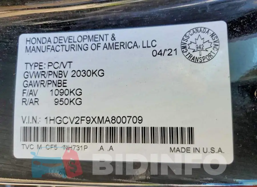 1HGCV2F9XMA800709 Photo# 13