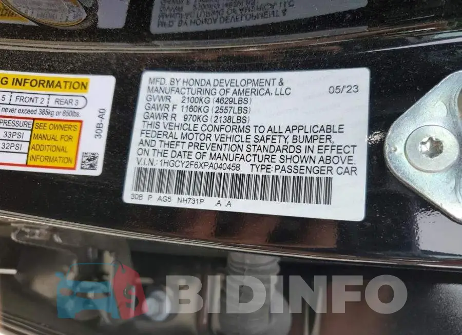 1HGCY2F6XPA040458 Photo# 12