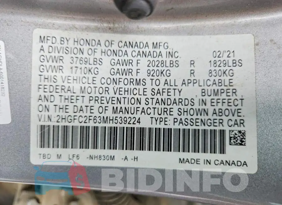 2HGFC2F63MH539224 Photo# 12