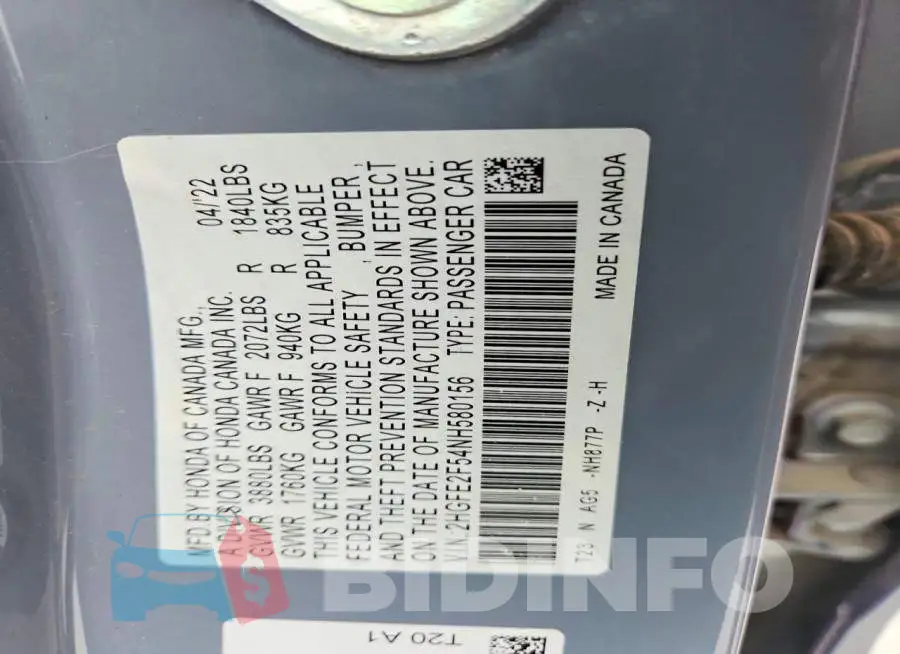 2HGFE2F54NH580156 Photo# 12