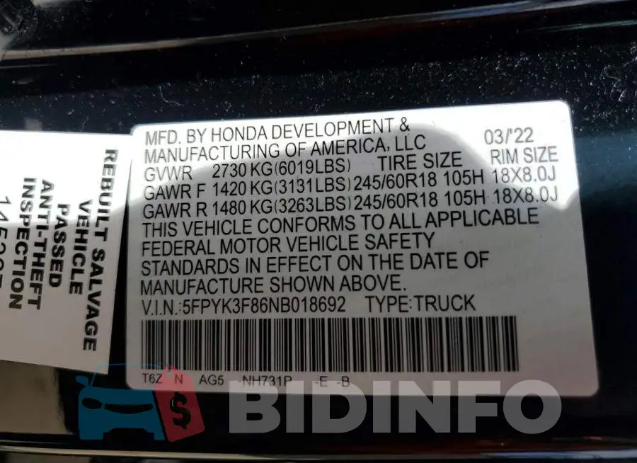 5FPYK3F86NB018692 Photo# 12
