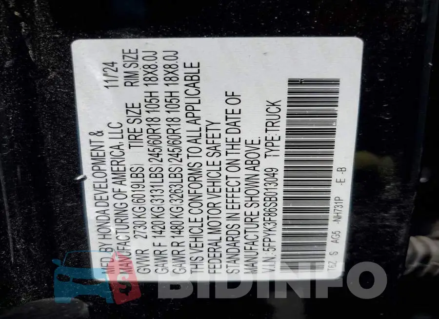5FPYK3F86SB013049 Photo# 13