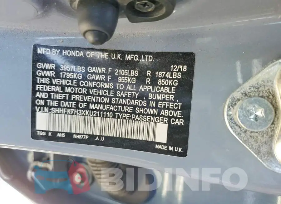 SHHFK7H3XKU211110 Photo# 13