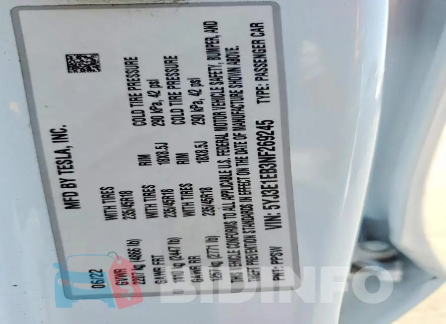 5YJ3E1EB3NF269245 Photo# 12