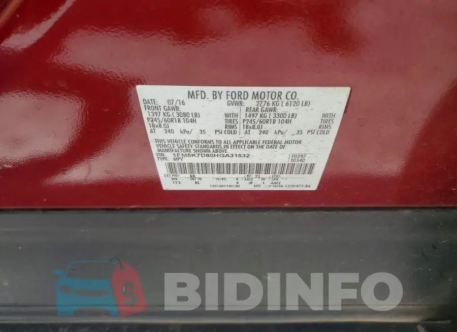 1FM5K7D80HGA31532 Photo# 13