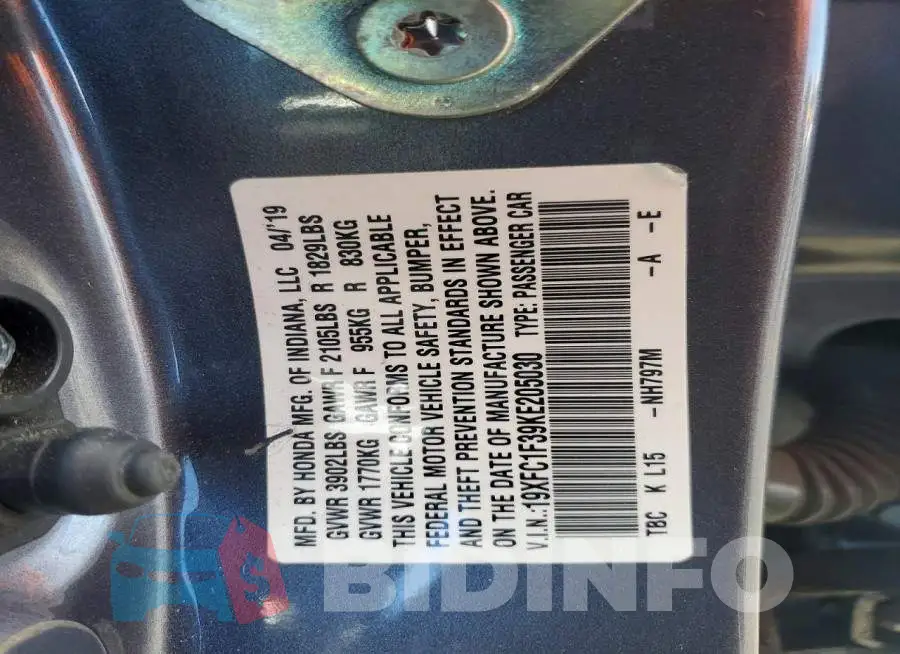 19XFC1F39KE205030 Photo# 12