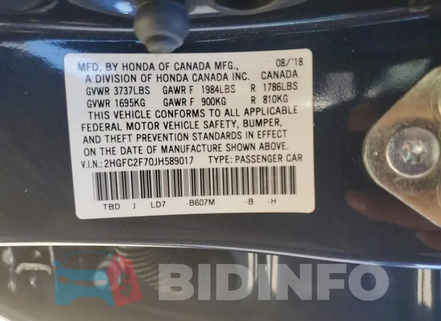 2HGFC2F70JH589017 Photo# 12