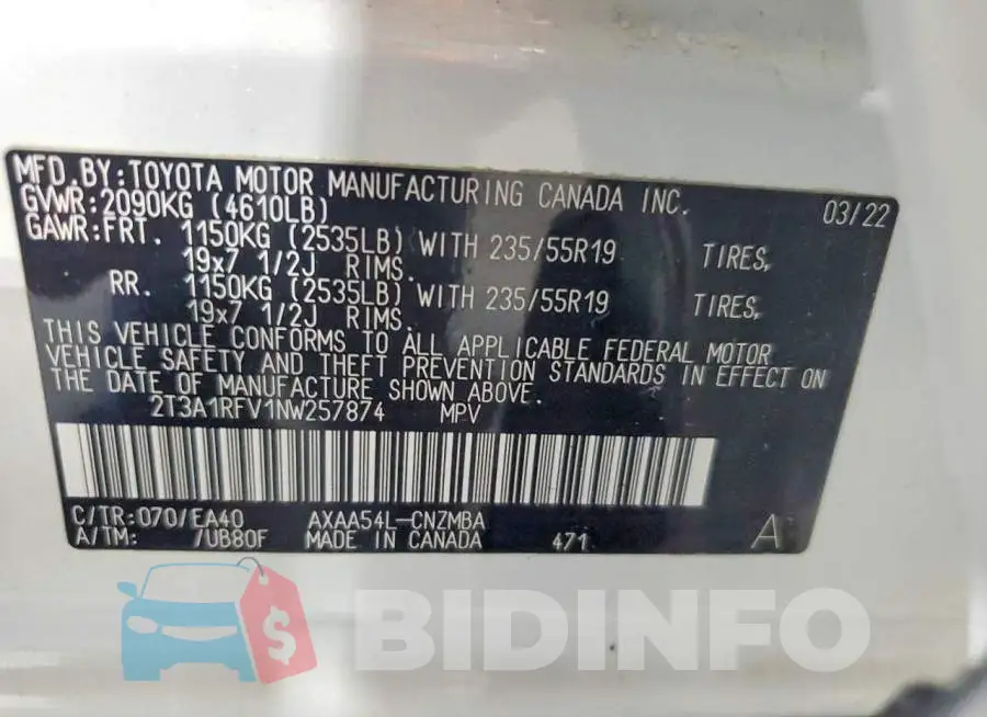 2T3A1RFV1NW257874 Photo# 13