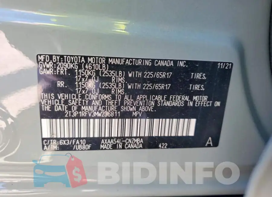 2T3P1RFV3MW236811 Photo# 13
