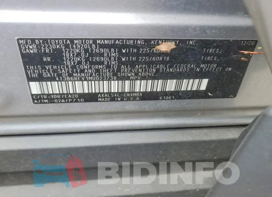 4T3B6RFV1MU023738 Photo# 13
