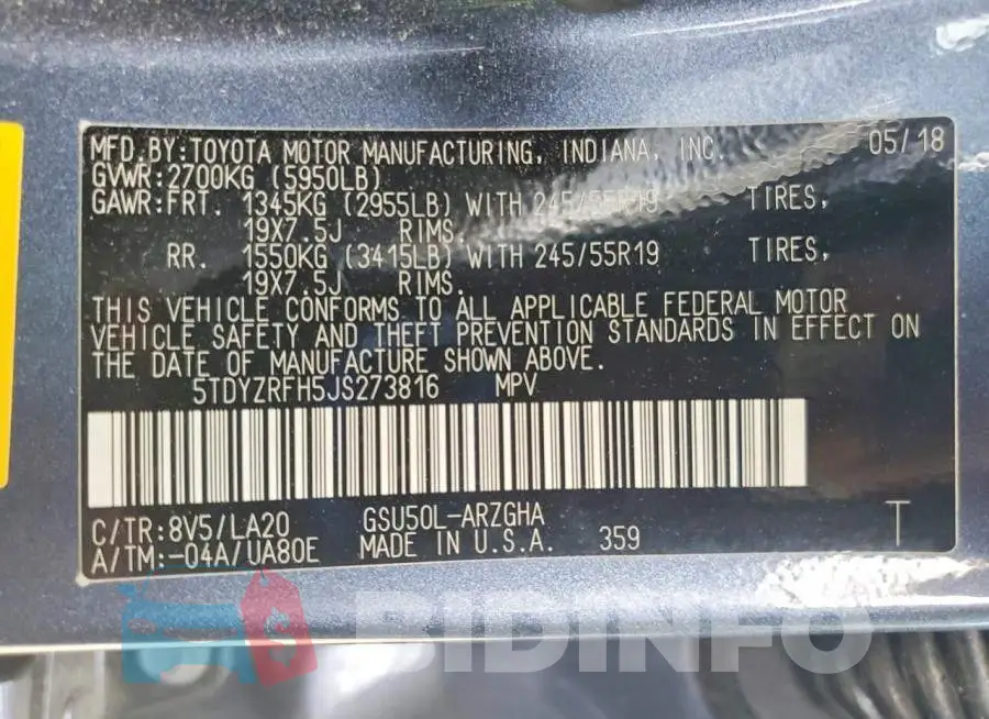 5TDYZRFH5JS273816 Photo# 14