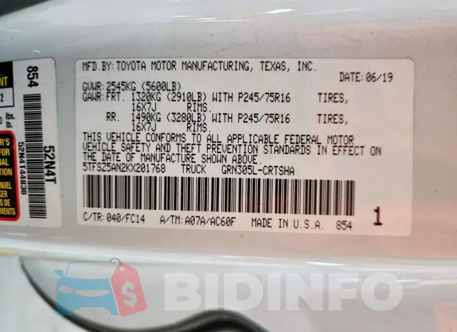 5TFSZ5AN2KX201768 Photo# 12