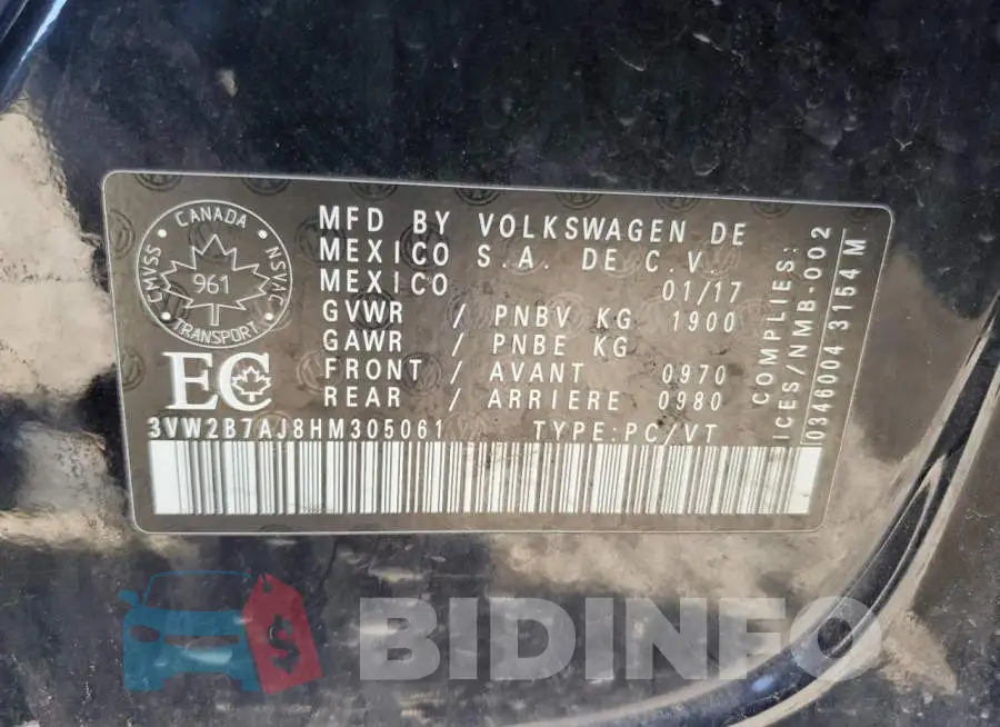 3VW2B7AJ8HM305061 Photo# 12