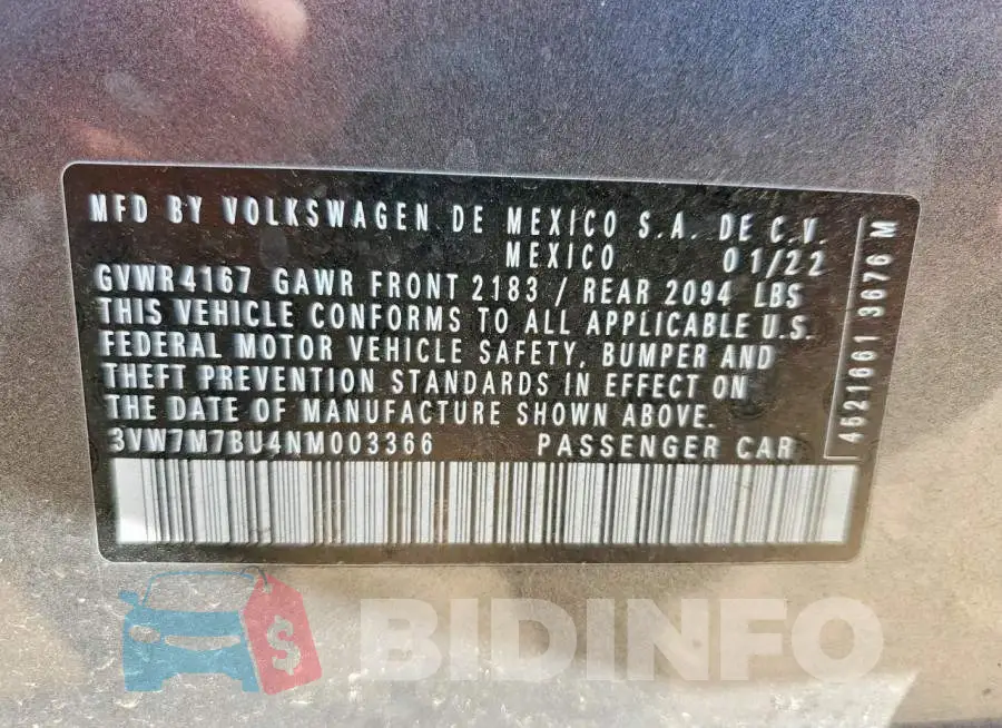 3VW7M7BU4NM003366 Photo# 12