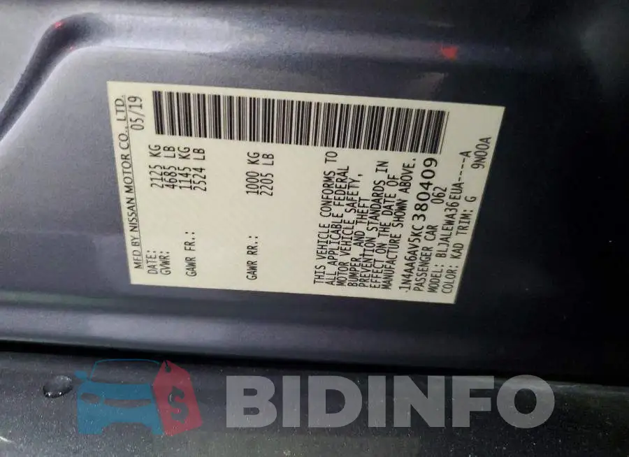 1N4AA6AV5KC380409 Photo# 12
