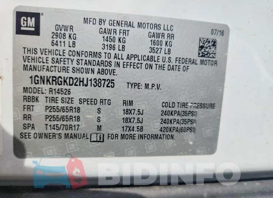 1GNKRGKD2HJ138725 Photo# 12