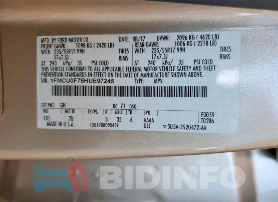 1FMCU0F75HUE97245 Photo# 14