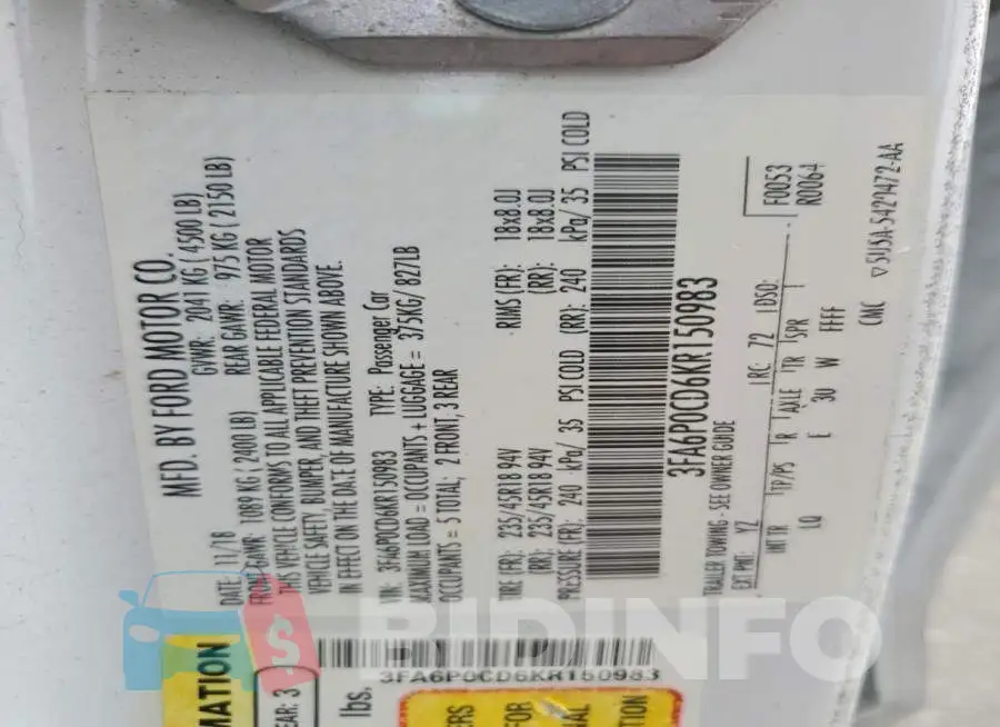 3FA6P0CD6KR150983 Photo# 13