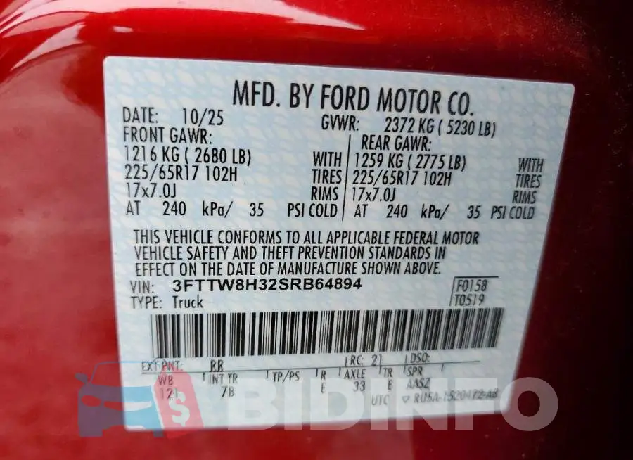 3FTTW8H32SRB64894 Photo# 12