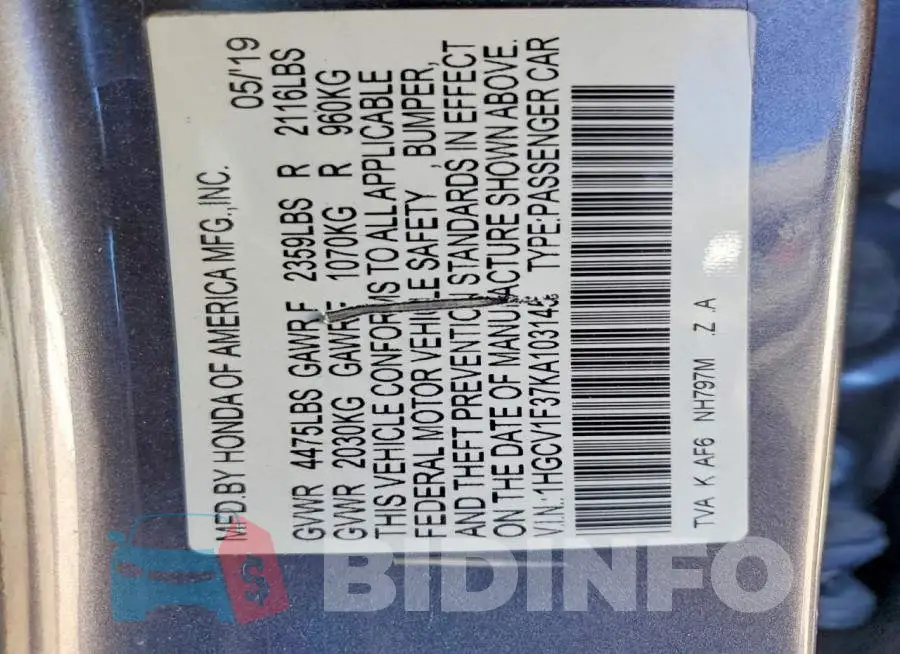 1HGCV1F37KA103145 Photo# 13