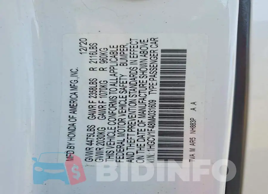 1HGCV1F48MA031609 Photo# 12