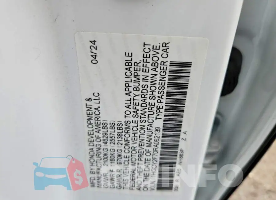 1HGCY2F70RA062139 Photo# 12