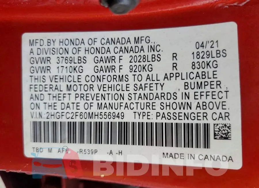 2HGFC2F60MH556949 Photo# 13