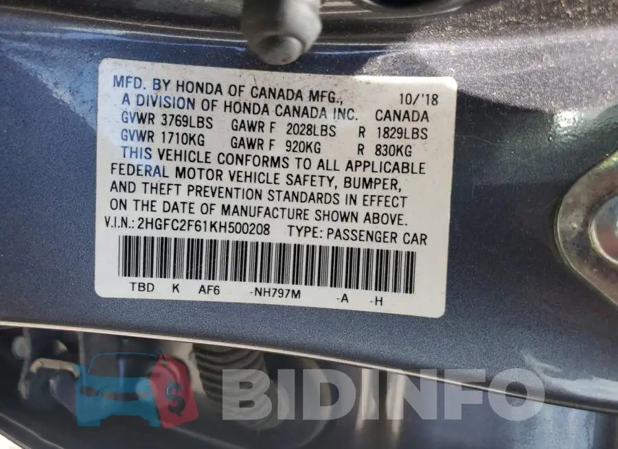 2HGFC2F61KH500208 Photo# 12
