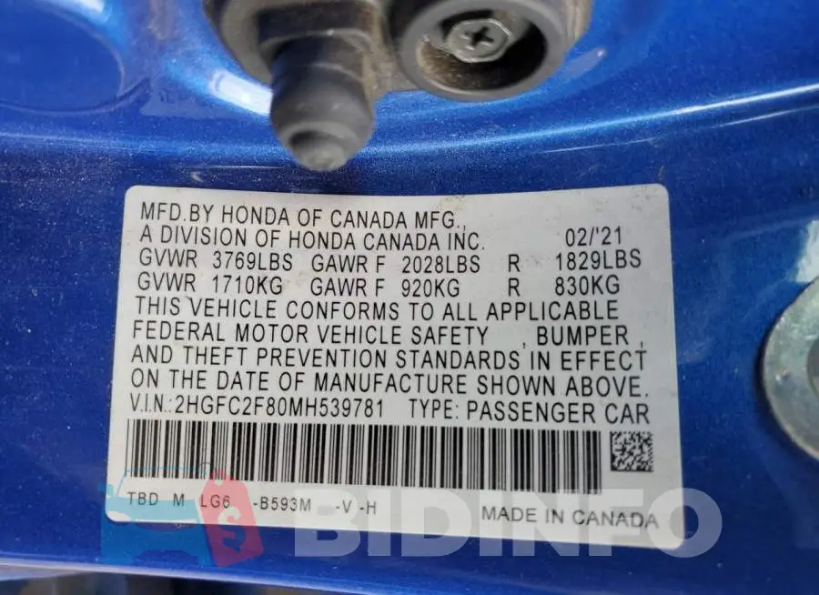 2HGFC2F80MH539781 Photo# 12