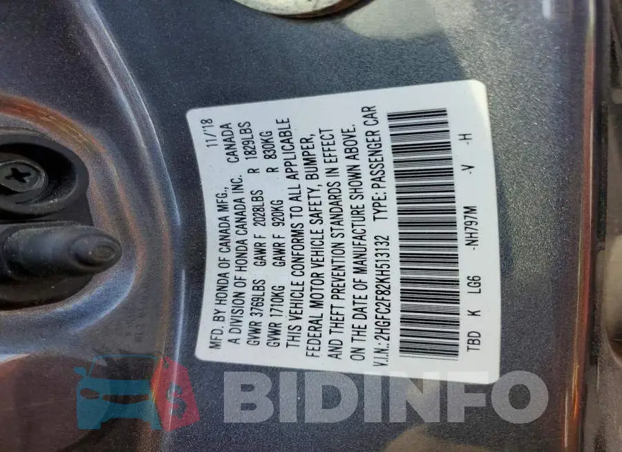 2HGFC2F82KH513132 Photo# 12