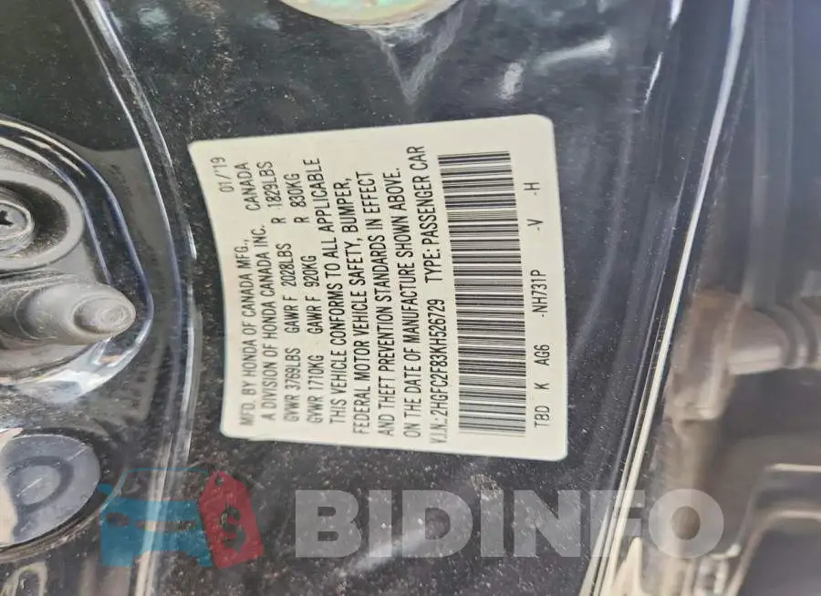 2HGFC2F83KH526729 Photo# 12