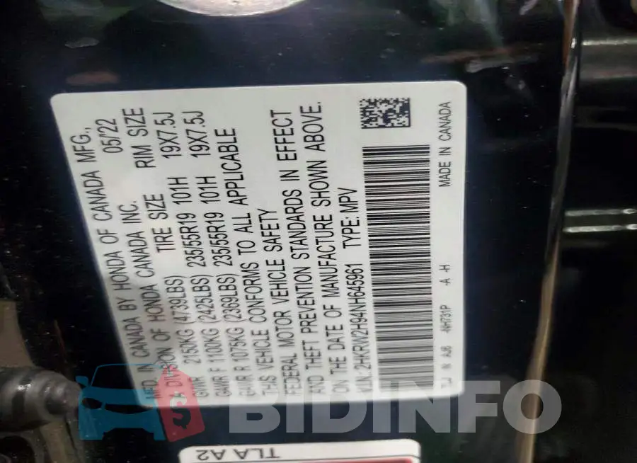 2HKRW2H94NH645961 Photo# 13