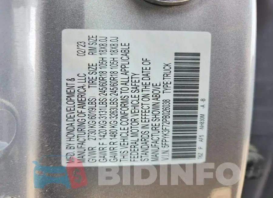 5FPYK3F72PB026038 Photo# 13
