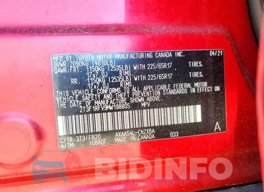 2T3F1RFV9MW198805 Photo# 13