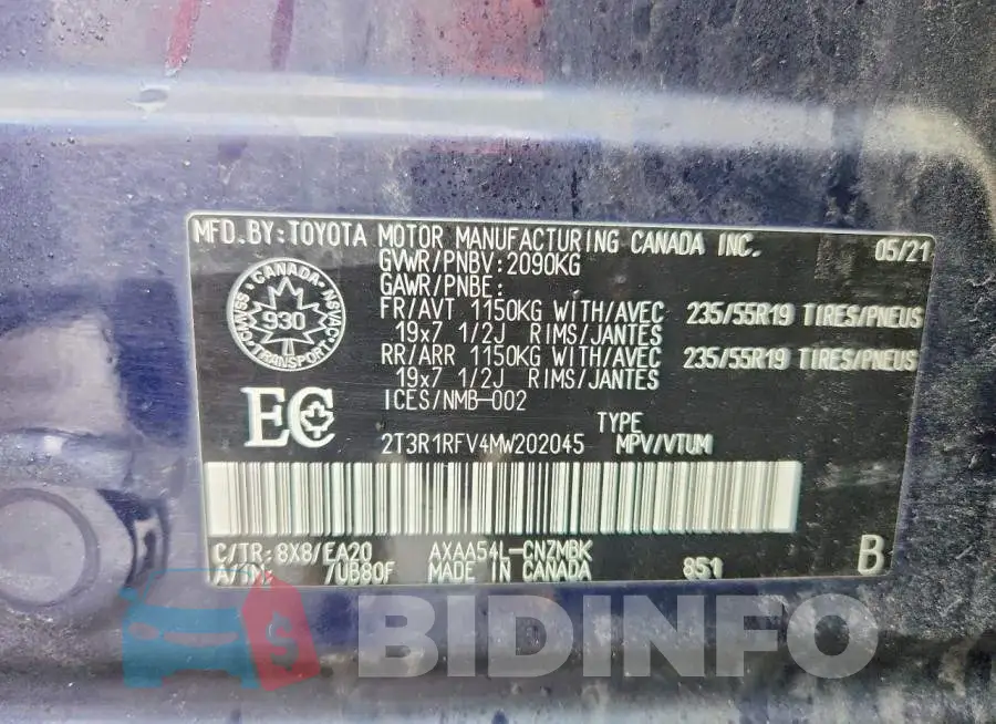 2T3R1RFV4MW202045 Photo# 12