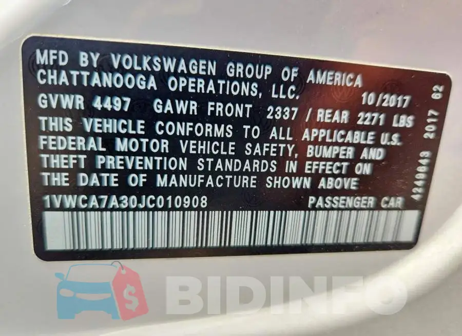 1VWCA7A30JC010908 Photo# 12