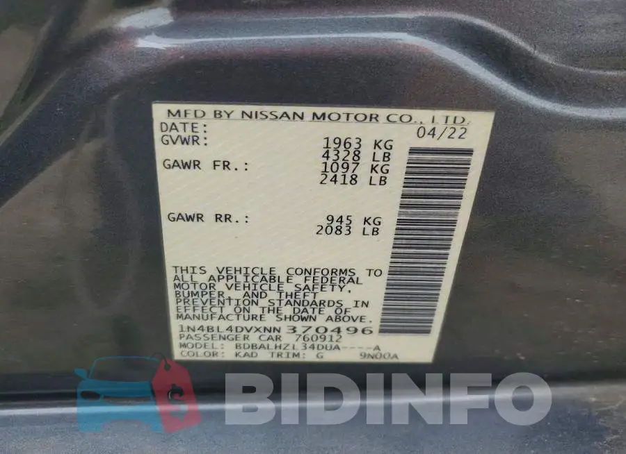 1N4BL4DVXNN370496 Photo# 12