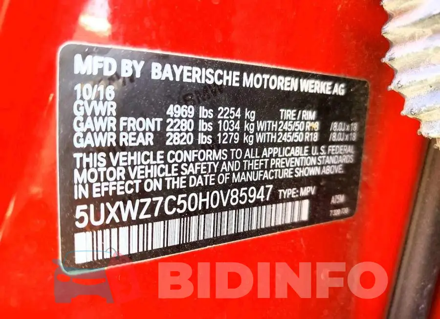 5UXWZ7C50H0V85947 Photo# 13