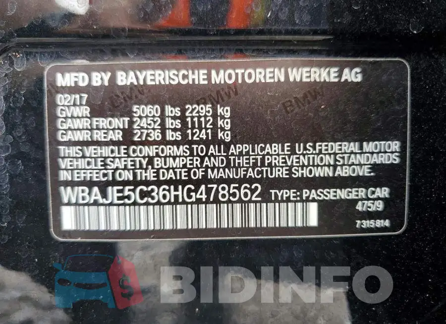 WBAJE5C36HG478562 Photo# 12