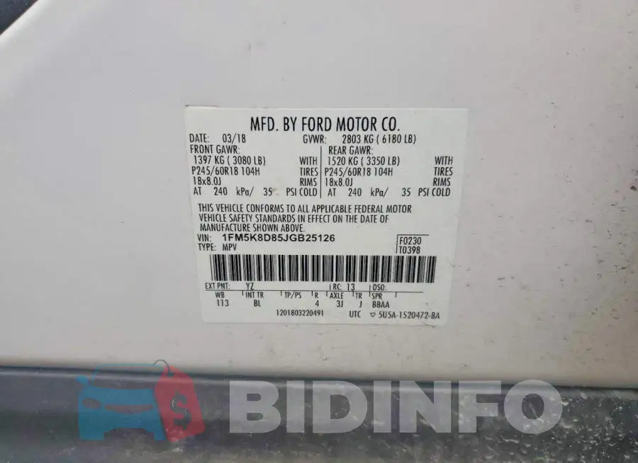 1FM5K8D85JGB25126 Photo# 13